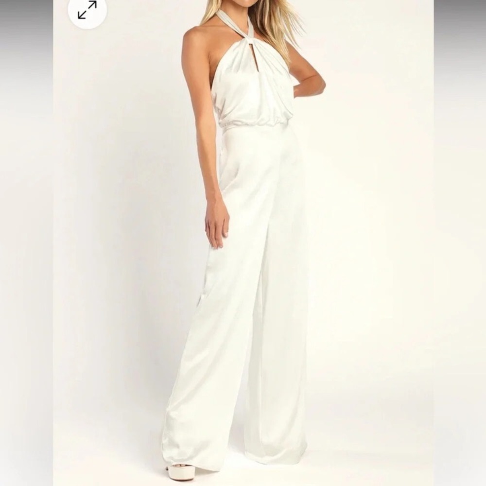 LULUS WHITE SATIN WIDE LEG KEYHOLE BEACH WEDDING JUMPSUIT WOMENS XL